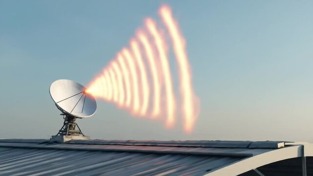 A large satellite dish stands tall on a rooftop under a clear sky. Clean delivery &ndash; no audio, full creative freedom.