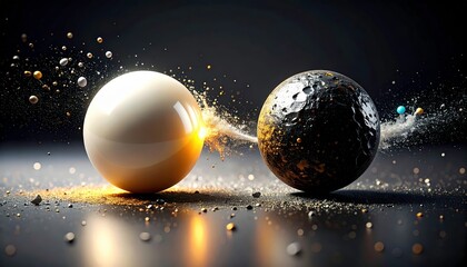 Clashing Spheres Light and Dark Orbs Collide in Dramatic Golden Explosion