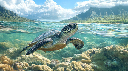 Obraz premium A sea turtle swims through clear, shallow water.
