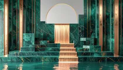Dark Green Stone and Gold Geometric Display with Reflective Water