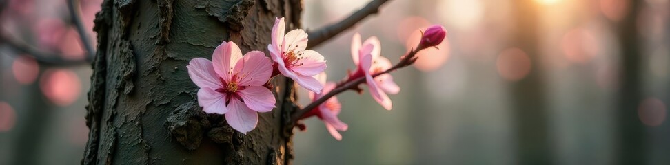 Delicate blossom clinging to a majestic tree trunk , stem, botanical