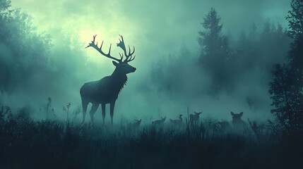 Naklejka premium Majestic deer silhouetted in a misty forest.