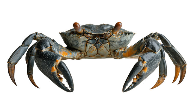 Detailed, front-facing shot of a crab (Callinectes sapidus) with prominent claws and orange accents, isolated on transparent background