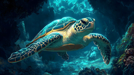 Fototapeta premium Sea turtle swimming in a coral reef.