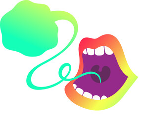 Flat design open mouth is speaking with swirling ribbon to speech bubble, transparent background