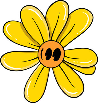 Fototapeta Cartoon flower is showing eight yellow petals around orange core with eyes on transparent backdrop