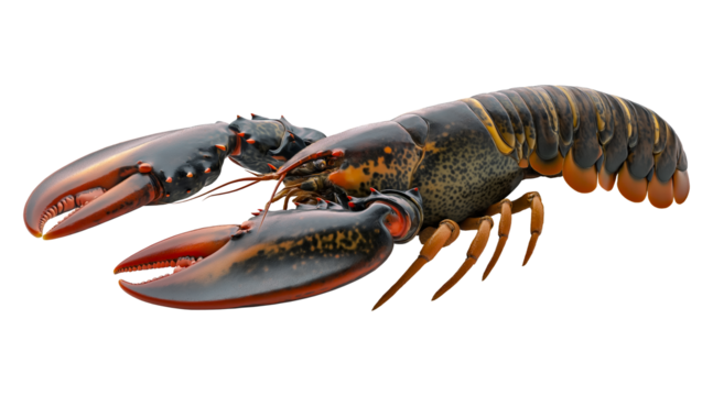 Vibrant raw lobster in a detailed illustration showing off its dark shell, large claws and orange accents, isolated on transparent background
