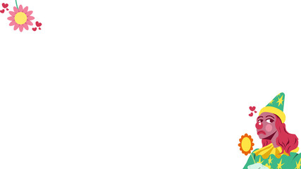 Cartoon wizard clown is holding sun mirror with daisy hearts and sparkles on transparent background