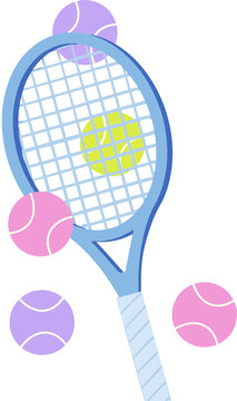 Fototapeta Showing flat tennis racket with light blue frame, floating pastel balls on transparent background