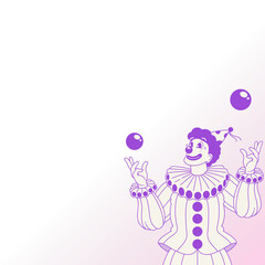 Cartoon circus clown is juggling spheres in flat vector illustration, transparent background