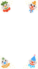 Fototapeta premium Four clown faces are forming flat border with hats, collars and yellow stars on clear background