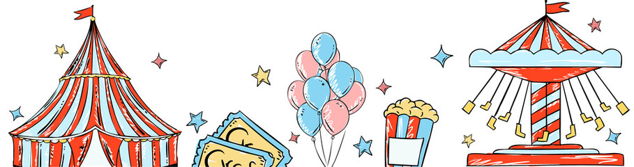 Sketch carnival scene is showing tent, balloons, tickets and carousel with transparent background