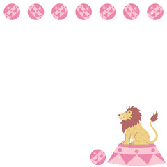 Flat design lion perching on pedestal showing seven pink tokens on transparent canvas, copy space