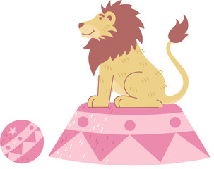 Stylized cartoon lion is sitting on pink platform with patterned ball, transparent background