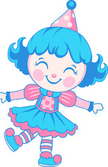 Cartoon clown is dancing on transparent background, with polka-dot hat, puffed sleeve dress