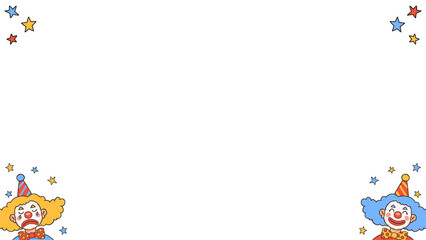 Fototapeta premium Vector clown border is showcasing cartoon stars and two clowns on transparent canvas, copy space