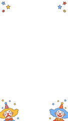 Fototapeta premium Clown heads showing frowning, smiling at bottom with striped hats, stars, transparent, copy space