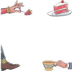 Flat design is featuring limbs holding cake slice, tea cup on transparent backdrop