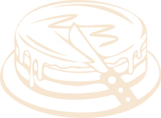 Monochrome line art is showing pancake stack dripping syrup with sliced wedge on clear background