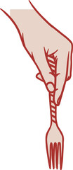 Human hand is grasping striped-handle fork in flat vector illustration, with transparent background