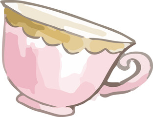 Vintage-style ceramic teacup is showing watercolor brushstroke on transparent background