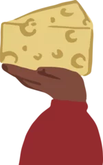 Gordijnen Wedge of yellow cheese is being held by flat design forearm in red sleeve, transparent background © vectorfusionart