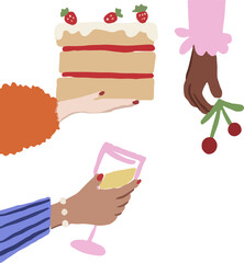 Three hands are holding cherries, cake slice and drink in flat design, with transparent background
