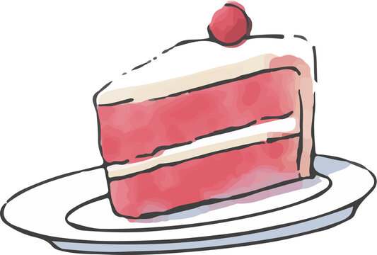 Naklejki Slice of red velvet cake is sitting in watercolor art with transparent background, plate and cherry