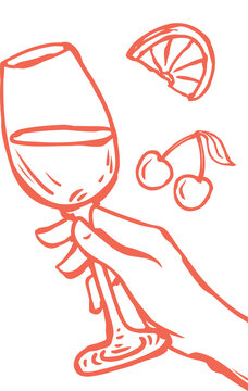 Coral drawing showing hand holding wine glass, floating citrus and cherries, transparent background