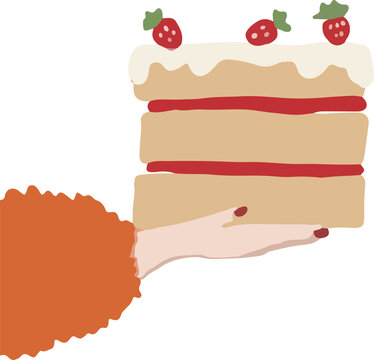 Naklejki flat design is showing strawberry cake held by hand with jam filling on transparent background