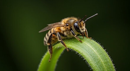 Fototapeta premium A little bee in the nature. Life of a bee in the nature. Bee in a plant.