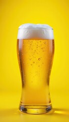 Frosty glass of golden beer on vibrant yellow backdrop, drink, bright