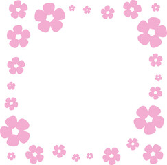 Flat border is featuring pink five-petal flowers with white centers on clear background, copy space