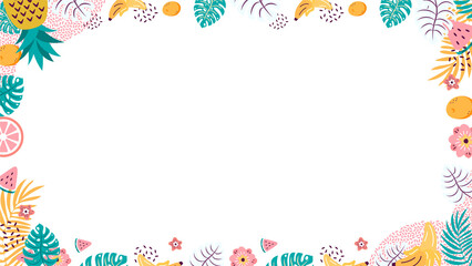 Flat design tropical border is showing pineapple and foliage on transparent background, copy space