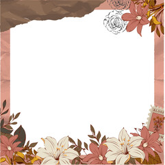 Naklejka premium Showcasing flat frame with torn-edge, coral-ivory lilies, blossom stamp on transparent, copy space