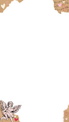 Romantic frame showing torn edges, script text, hearts, cherub, transparent background, copy space