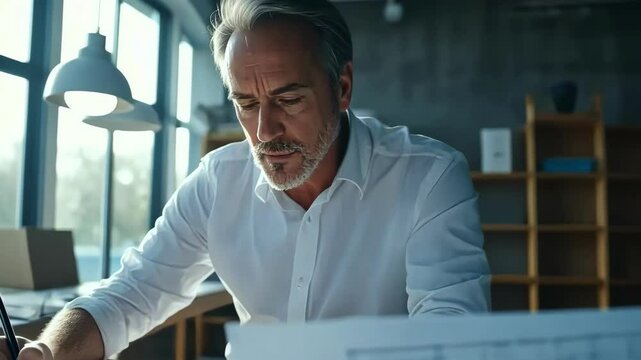 Mature man drawing blueprint. Architect, architecture, engineer working on design.