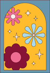 Fototapeta premium Abstract flat design showing yellow arch with flowers, stars on transparent background, copy space