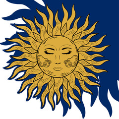 Flat illustration showing golden sun with calm face, swirling rays, shadow, transparent background