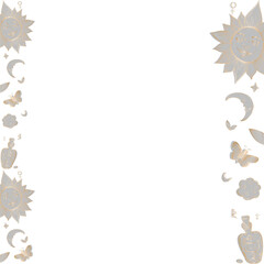 Ornamental mystical border is framing transparent canvas, featuring celestial and natural motifs