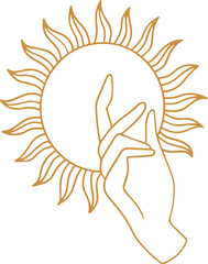 Line art hand is touching stylized sun with wavy rays in mustard hue, transparent background