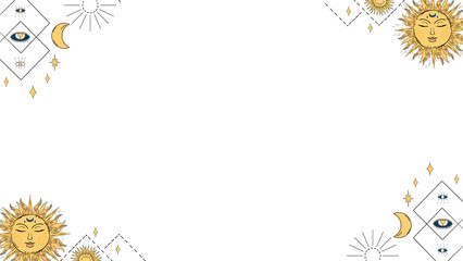 Fototapeta premium Celestial border is showcasing sun faces, moons, stars and eye motifs on transparent, copy space