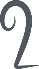 Flat dark-gray digit two is curling into spiral, tapering to sharp base on transparent backdrop