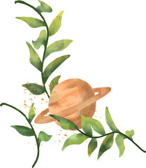 Watercolor-style design is featuring ringed planet entwining green vines on transparent background