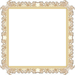 flat design baroque frame is floating on transparent background, featuring gold scrollwork