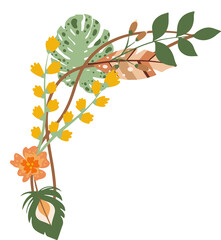 Stylized corner cluster is showcasing spotted monstera leaf in flat style on transparent background