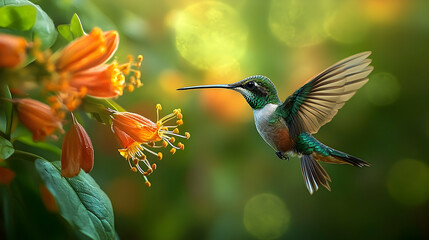 Fototapeta premium A hummingbird hovers near vibrant orange flowers.