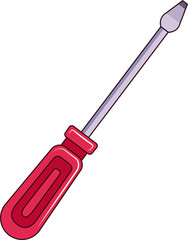 Flat-head screwdriver is lying in flat design with red grip, silver shaft on transparent background