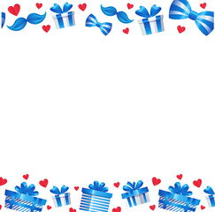 Blue gift boxes with blue bows and red hearts adorning flat-design border on transparent background