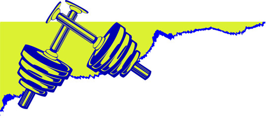 Adjustable dumbbell pair is floating on jagged yellow splash in flat design, transparent background